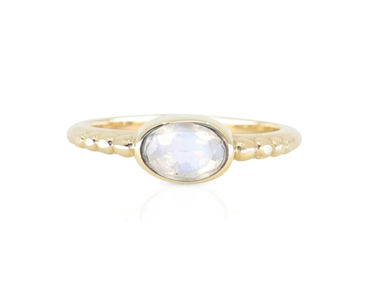 Front of the Toni May Evie Moonstone Gold Stacker Ring
