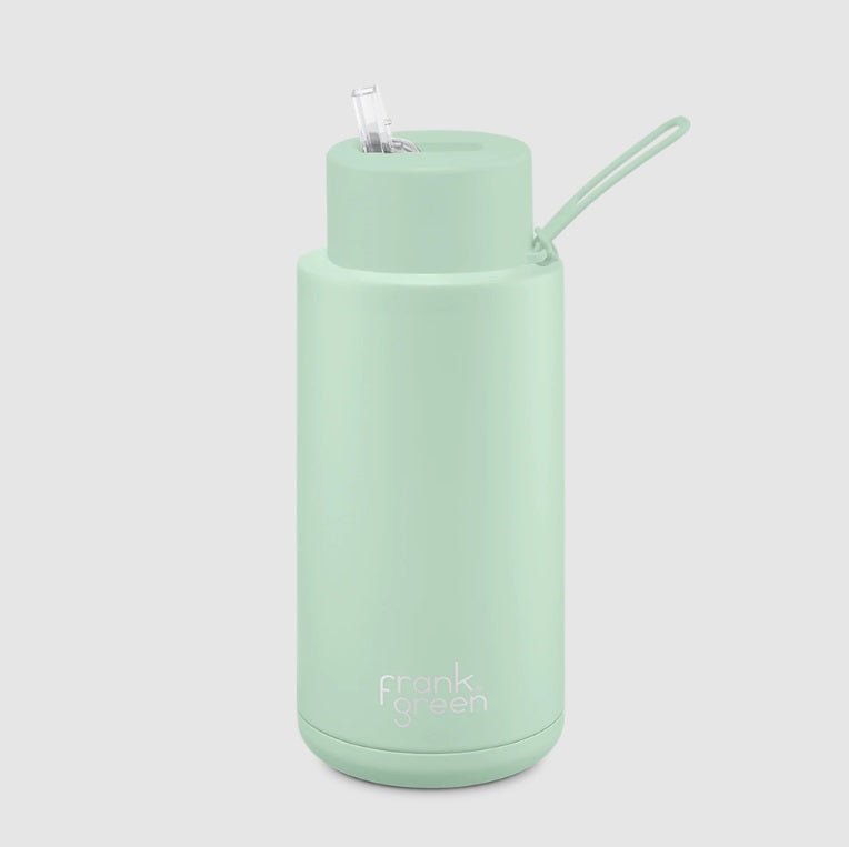 Front photo of the Ceramic Reusable Bottle 1L in Mint Gelato by Frank Green