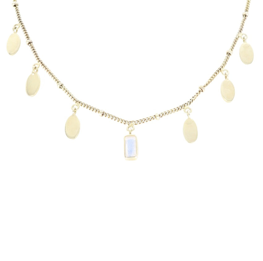 Close up of the Toni May Petal Moonstone Gold Necklace