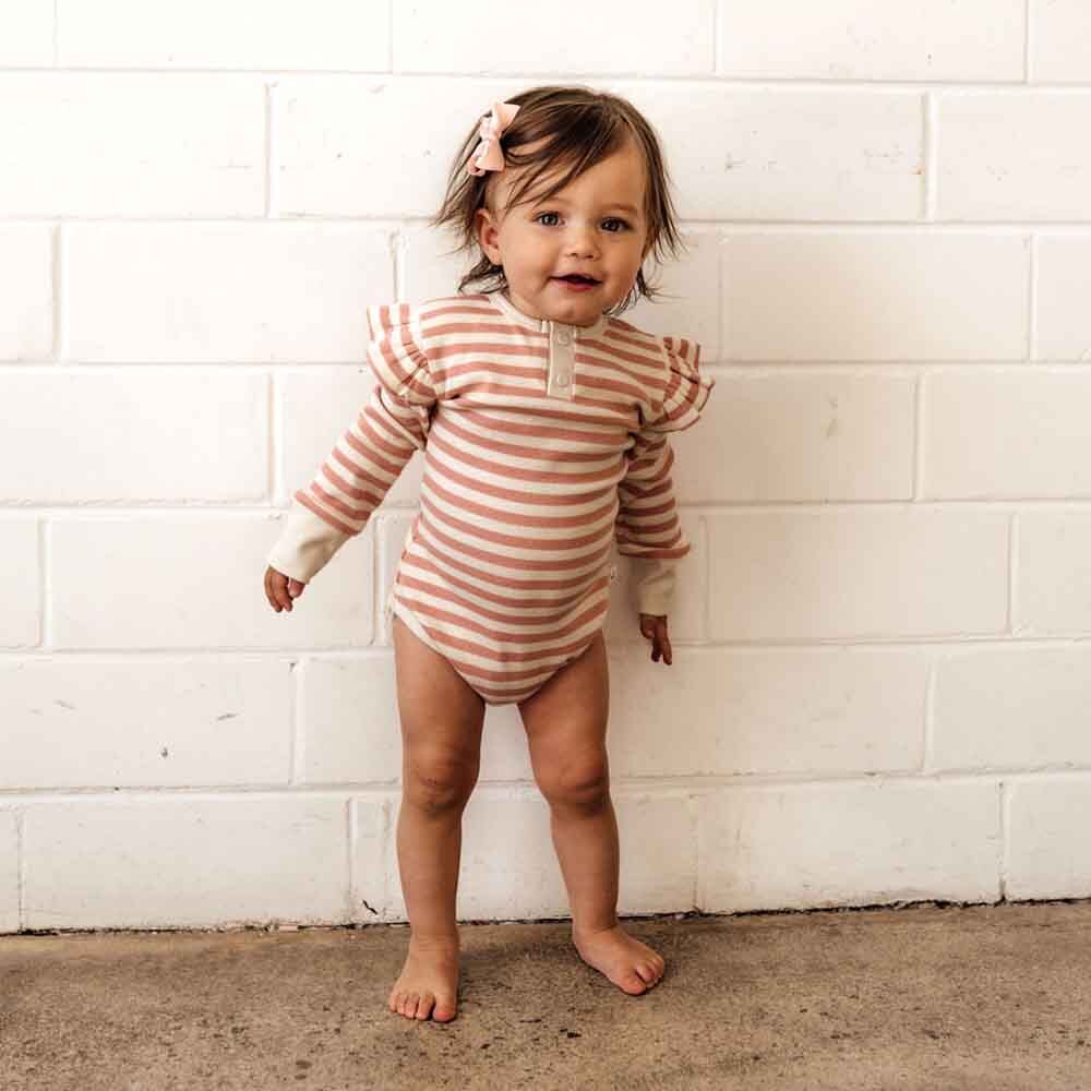 Toddler wearing Rose Stripe Long Sleeve Bodysuit by Snuggle Hunny