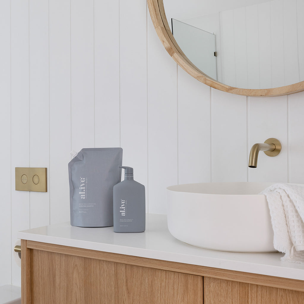 Styled Bathroom with the Alive SHAMPOO - WHITE TEA & ARGAN OIL on bench