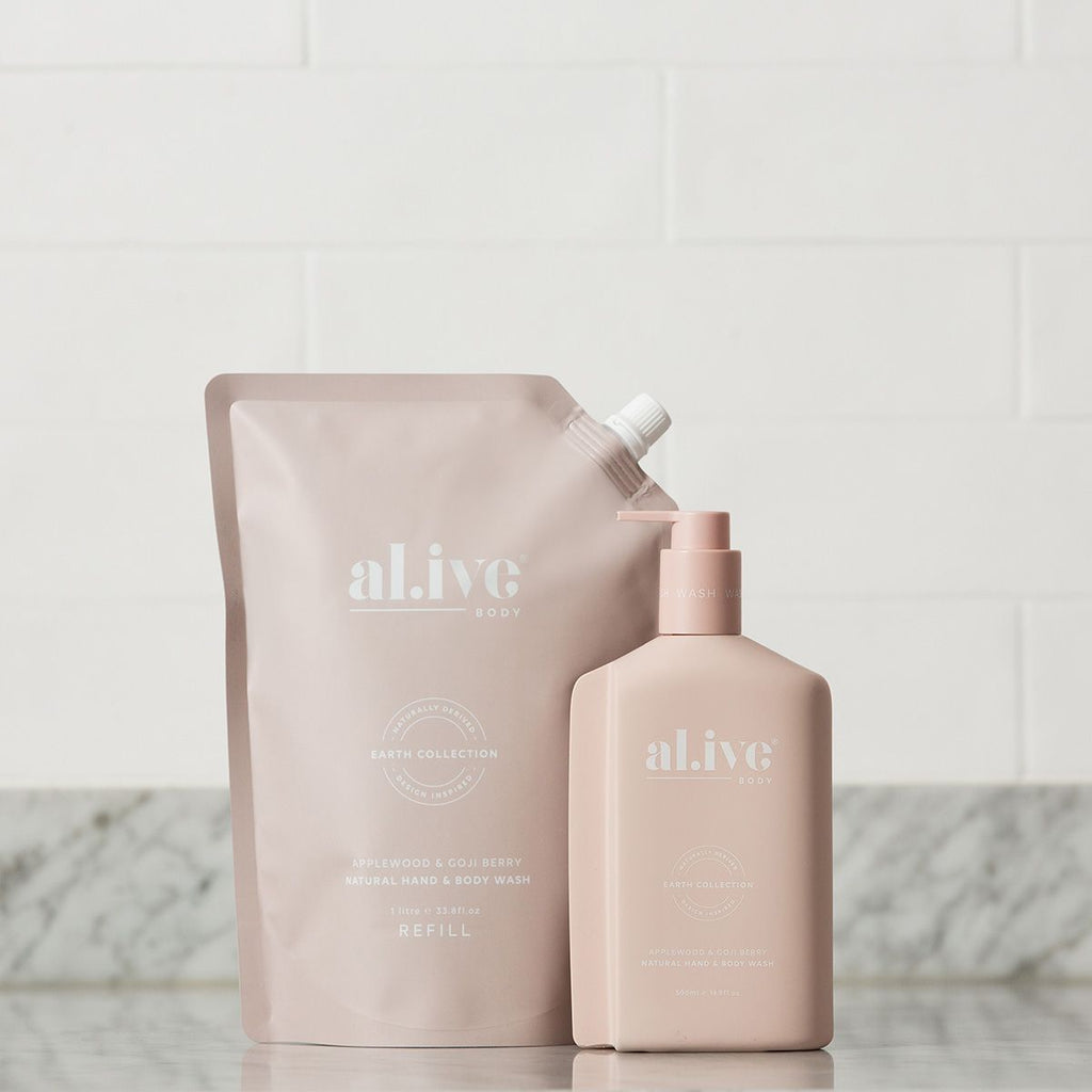 STYLED IMAGE OF THE ALIVE BODY NATURAL HAND AND BODY WASH IN APPLEWOOD & GOJI BERRY