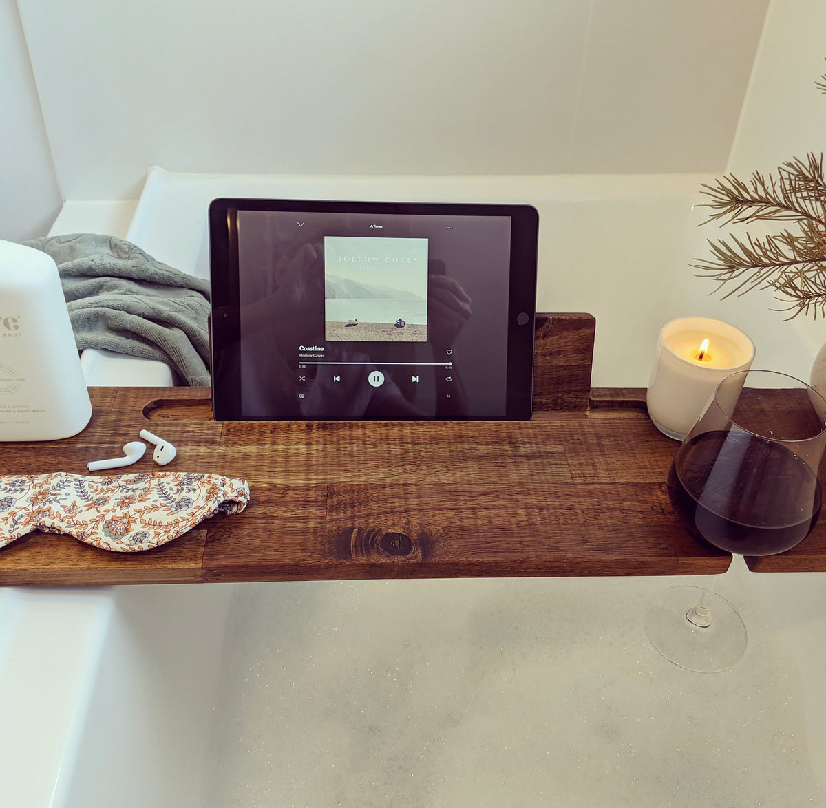 Hardwood Bath Caddy with IPAD/BOOK stand and Wine Glass Holder Indi