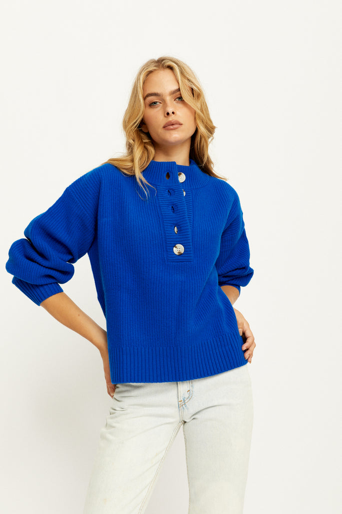 Model wearing the Alanis Knit Jumper in Cobalt by Arnhem Clothing