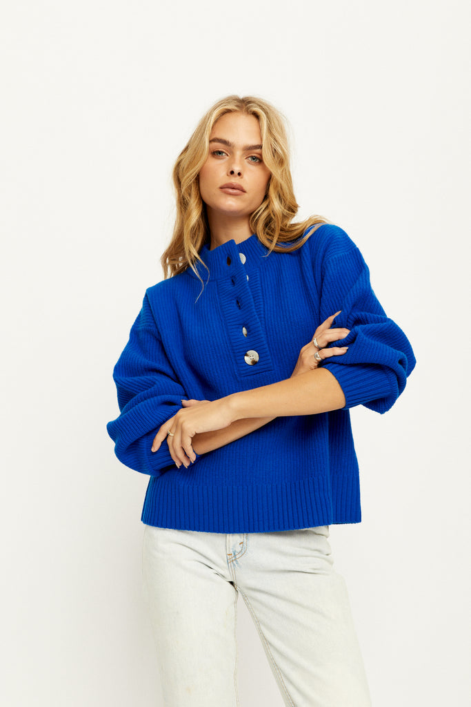 Model wearing the Alanis Knit Jumper in Cobalt by Arnhem Clothing