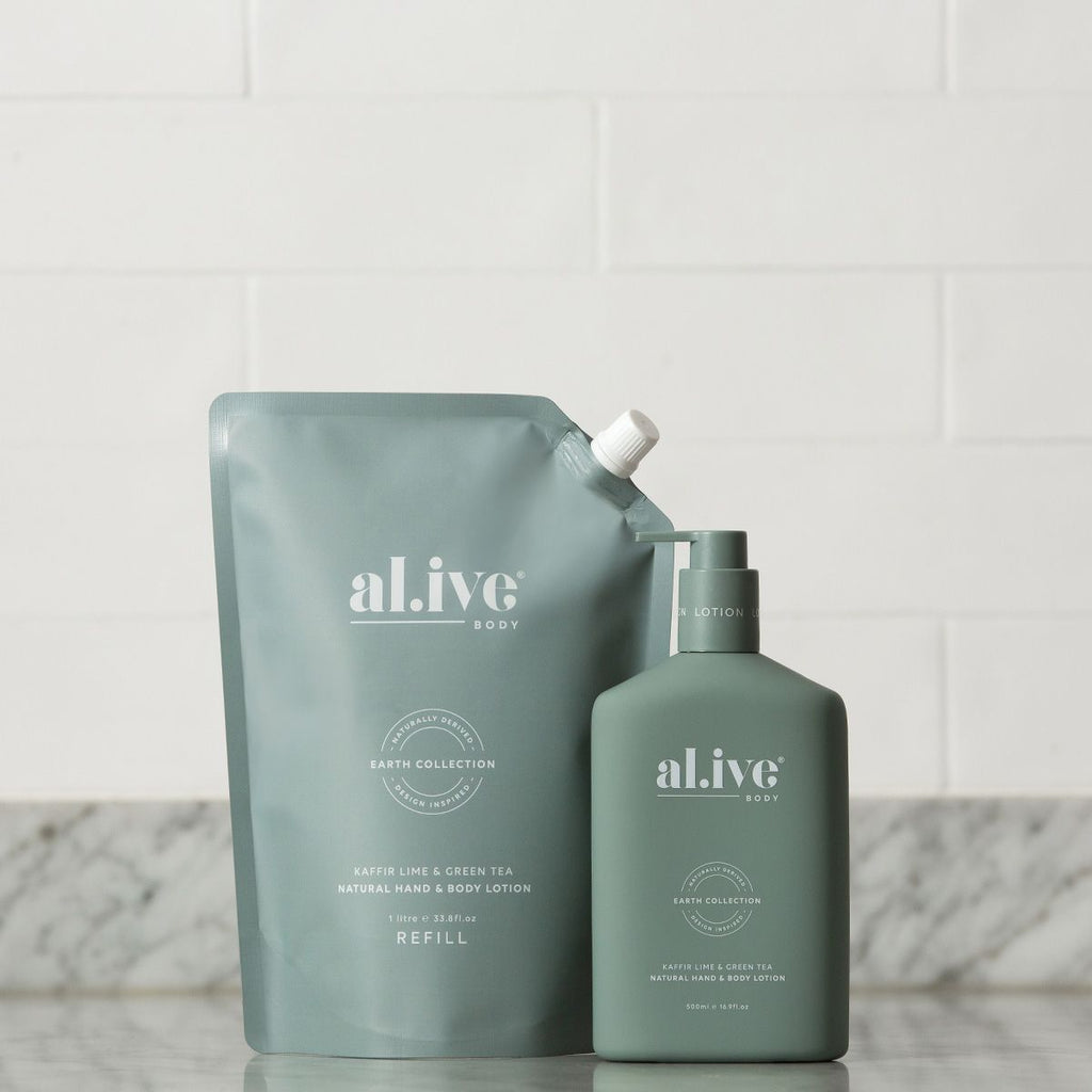 STYLED SHOT OF THE ALIVE BODY NATURAL HAND AND BODY LOTION IN KAFFIR LIME AND GREEN TEA