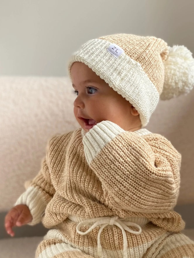 Baby wearing the Beanie Two Tone Wheat by Ziggy Lou