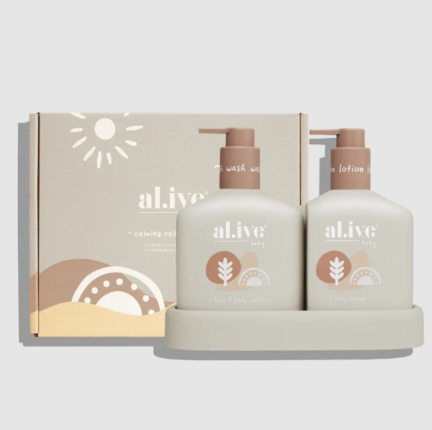 Front of the Alive BABY DUO HAIR/BODY WASH & LOTION + TRAY - CALMING OATMEAL