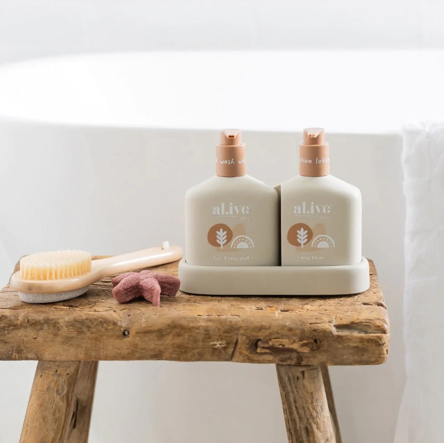 Styled photo of the Alive BABY DUO HAIR/BODY WASH & LOTION + TRAY - CALMING OATMEAL