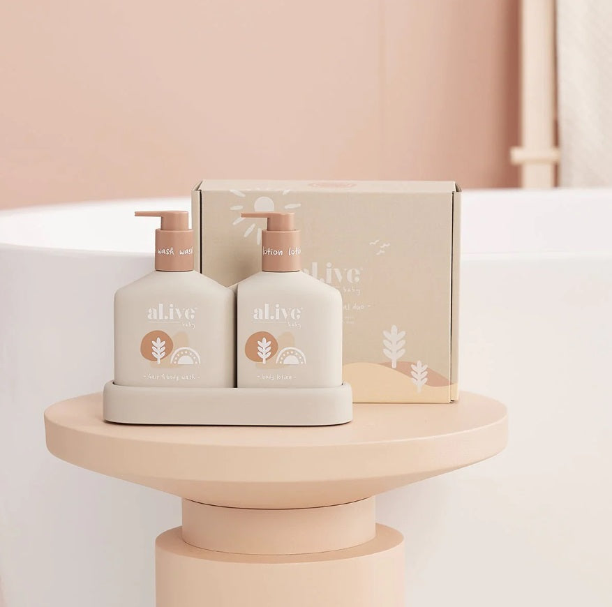 Styled photo of the Alive BABY DUO HAIR/BODY WASH & LOTION + TRAY - CALMING OATMEAL