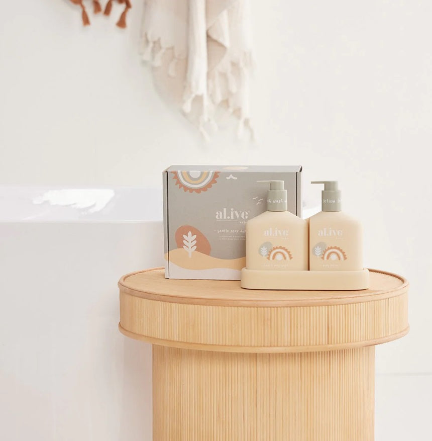 Styled photo of the Alive BABY DUO HAIR/BODY WASH & LOTION + TRAY - GENTLE PEAR *NEW BOTTLE*