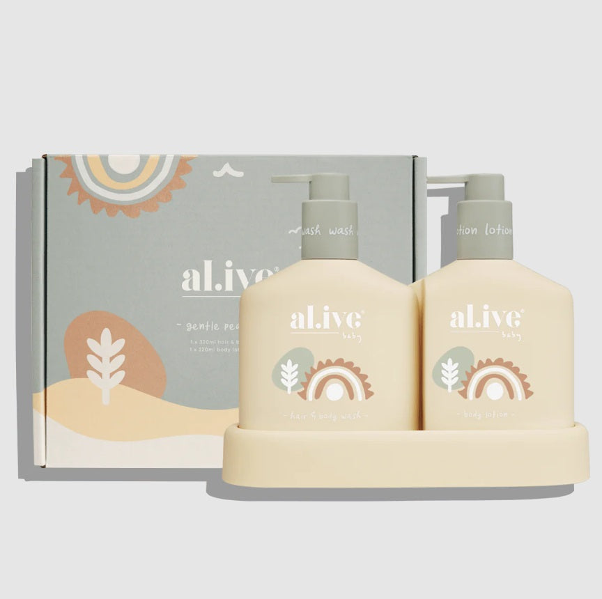 Alive BABY DUO HAIR/BODY WASH & LOTION + TRAY - GENTLE PEAR next to box