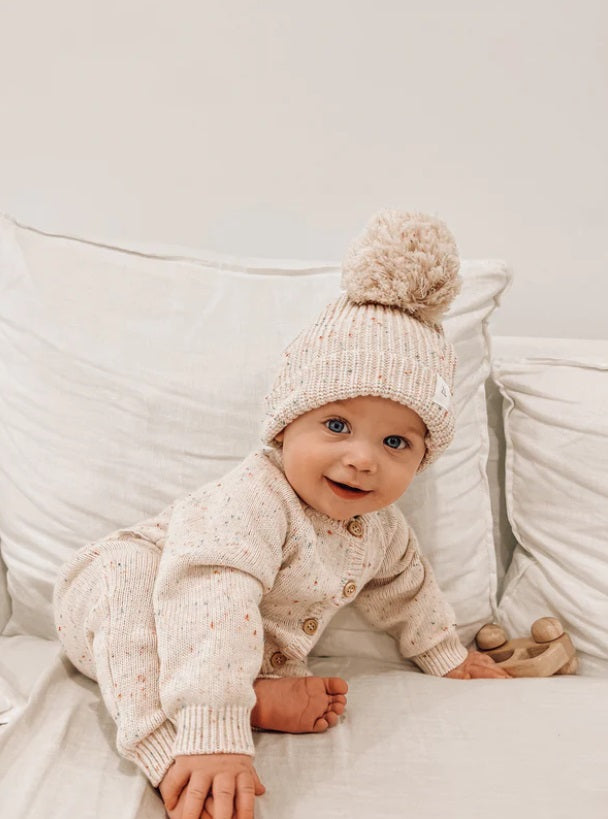 Baby wearing the Beanie Oatmeal Fleck by Ziggy Lou