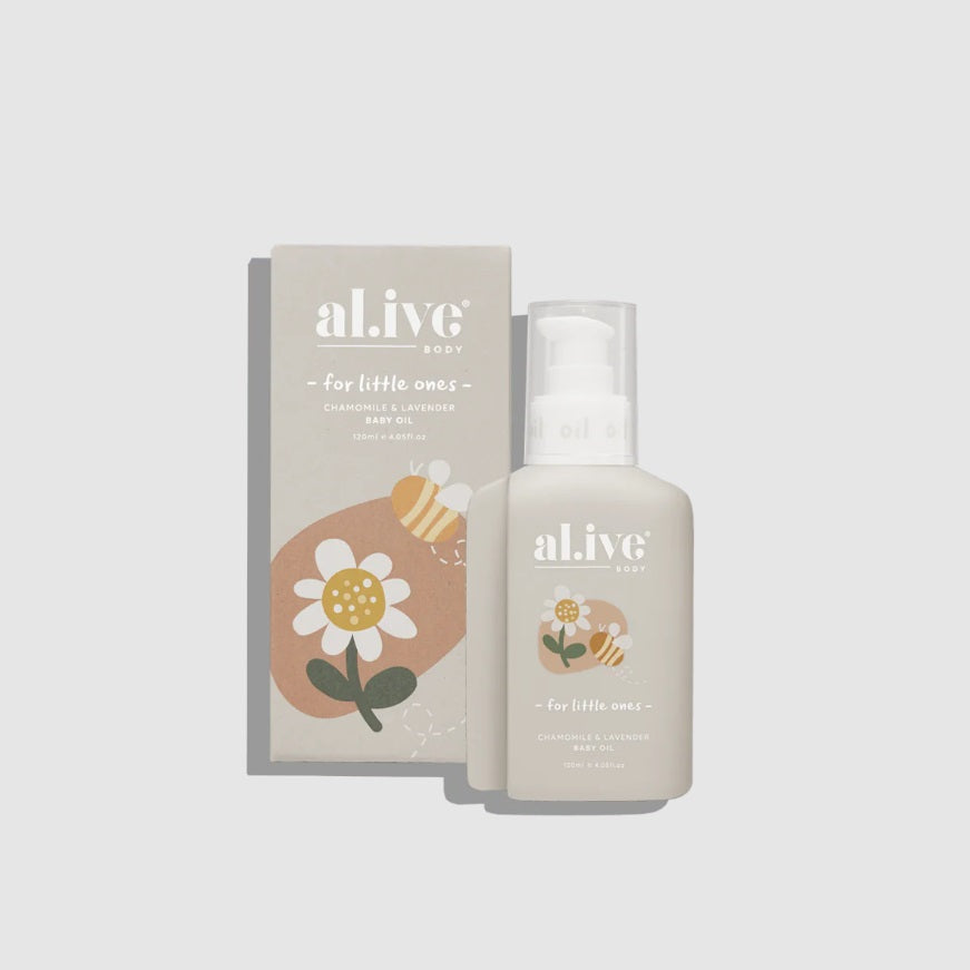 Box and bottle of the Alive BABY OIL- CHAMOMILE & LAVENDER