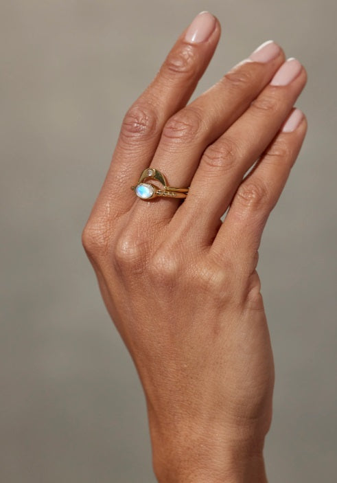 Model wearing the Toni May Evie Moonstone Gold Stacker Ring Stacked