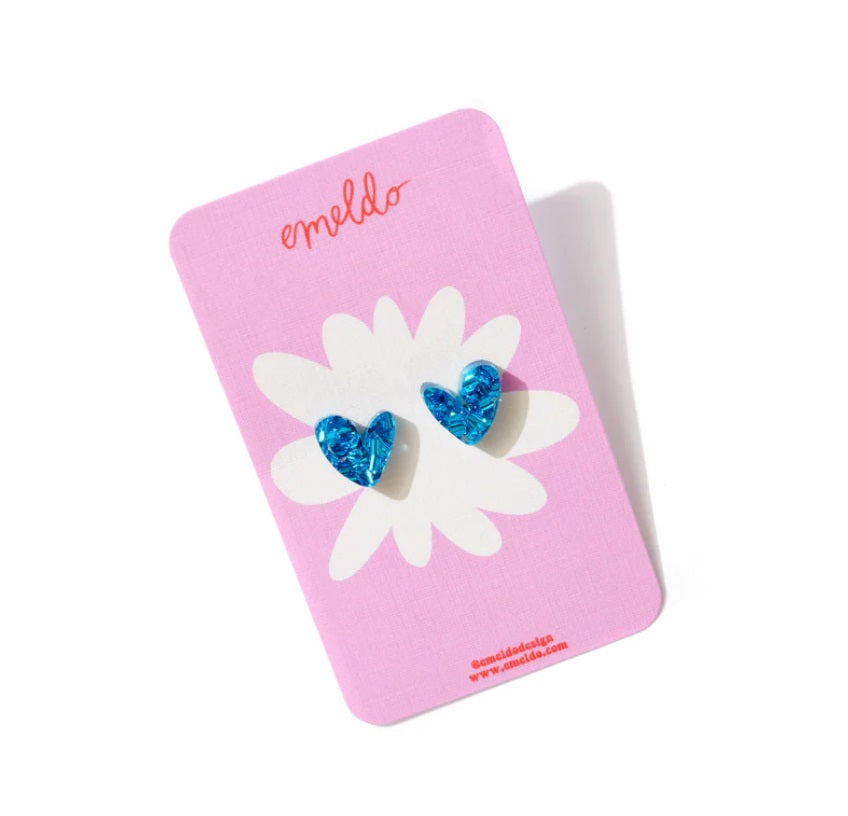 Blue Glitter Heart Studs by Emeldo