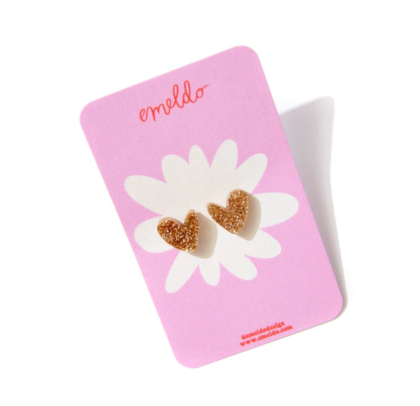 Gold Glitter Heart Studs by Emeldo