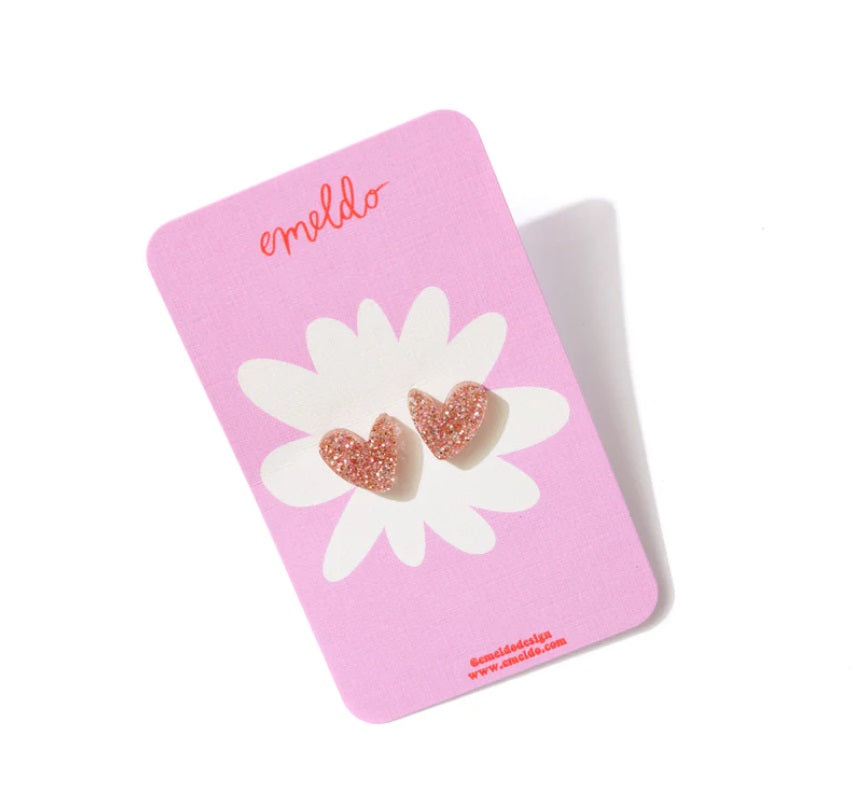 Pink Glitter Heart Studs by Emeldo