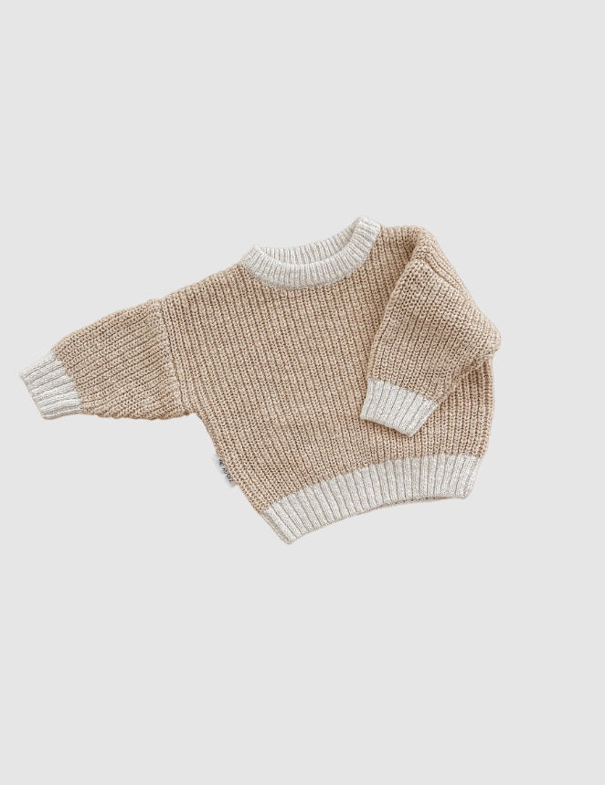 Baby wearing the Jumper Two Tone Wheat by Ziggy Lou