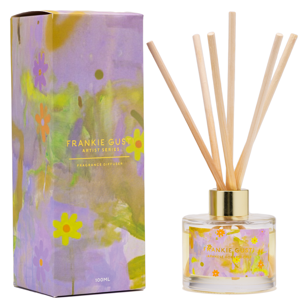 Box and diffuser side by side of the Frankie Gusti - Artist Series Diffuser - JAPANESE HONEYSUCKLE