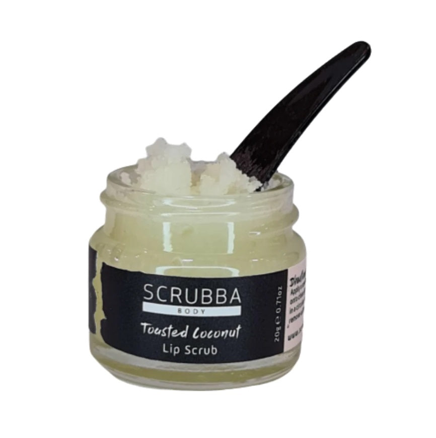 Lid off of the Toasted Coconut Lip Scrub by Scrubba Body