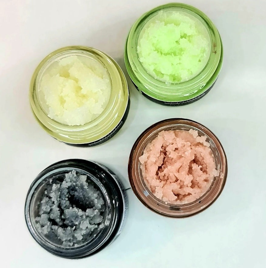 Open jars showing the Scrubba Body Lip Scrubs