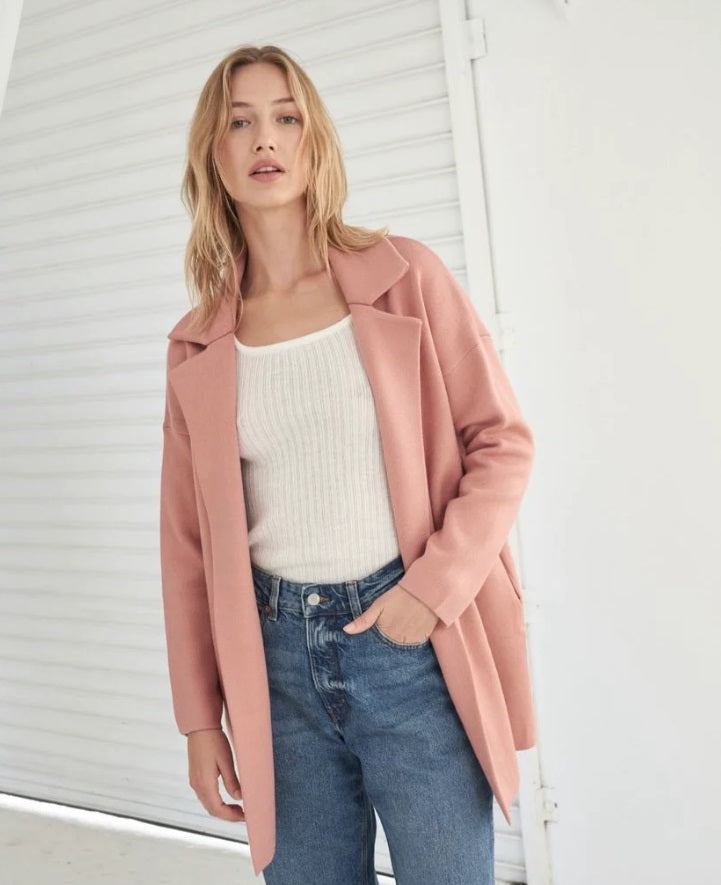 Model wearing the Dusty Rose Zuzu Coatigan by Little Lies