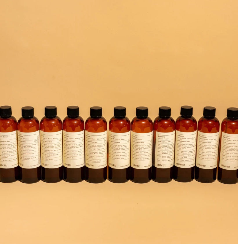 Bottles of the Etikette diffuser refills lined up