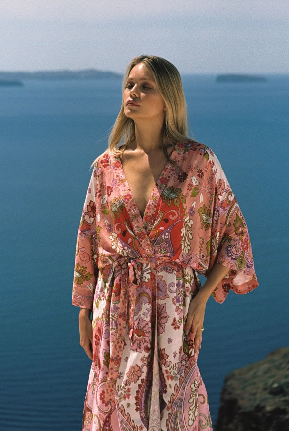 Styled photo of the Malibu Kimono in Coral by Arnhem Clothing