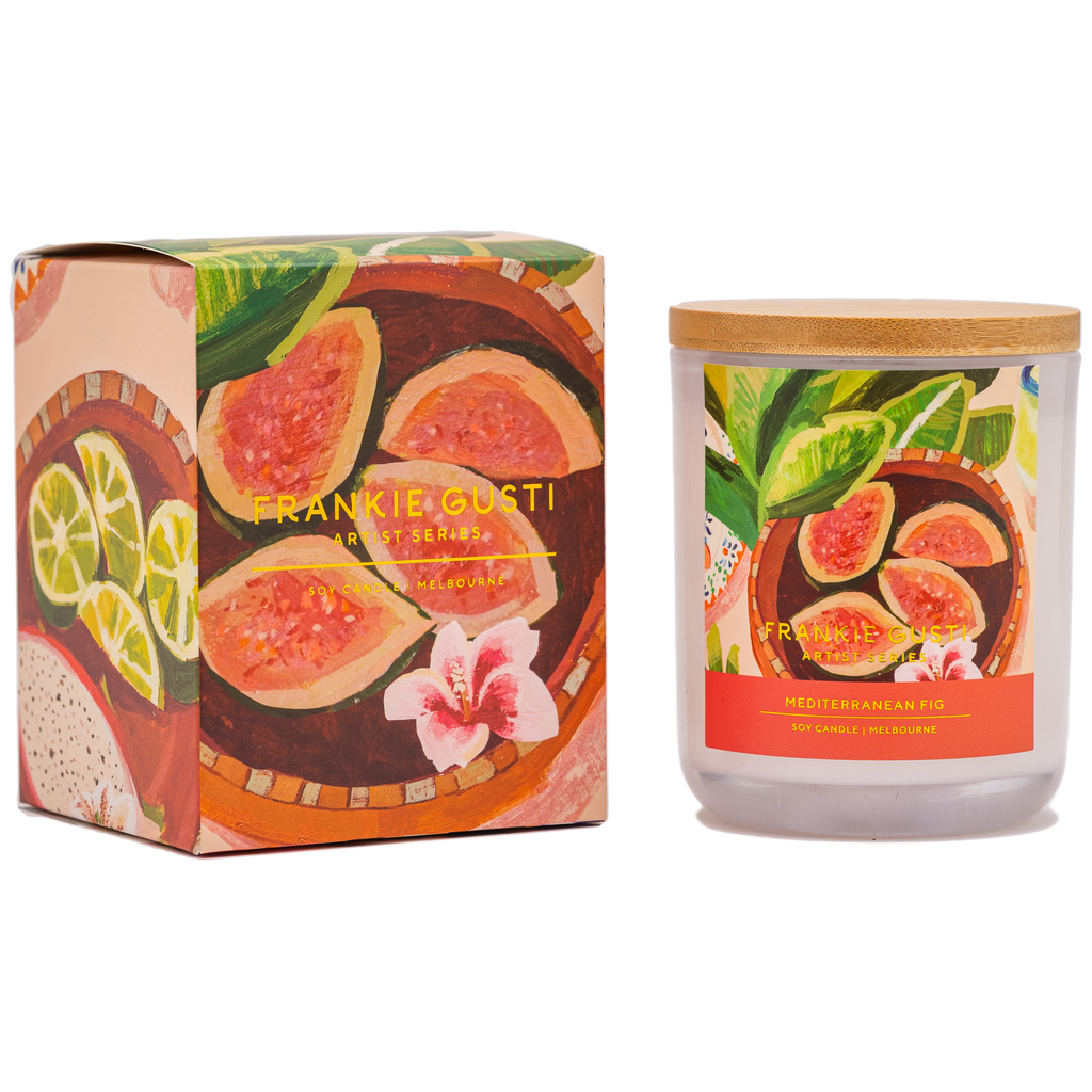 Box and candle side by side of the Frankie Gusti - Artist Series Candle - MEDITERRANEAN FIG