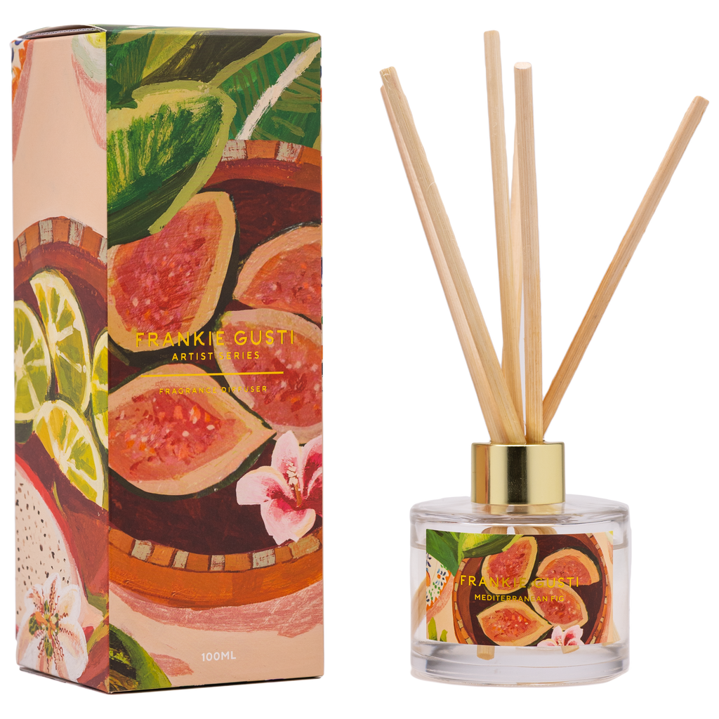 Box and diffuser side by side of the Frankie Gusti - Artist Series Diffuser - MEDITERRANEAN FIG