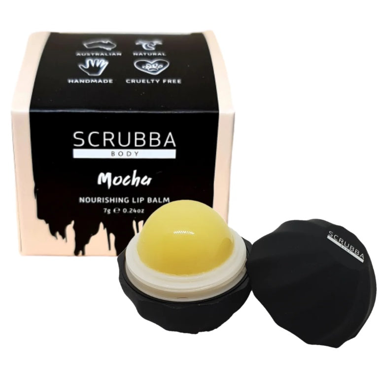 Front of the Mocha Natural Lip Balm by Scrubba Body