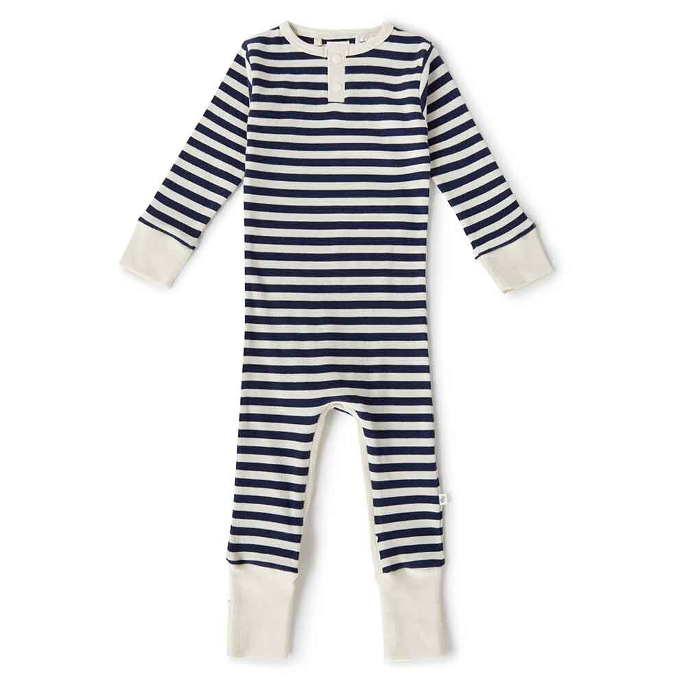 Front of the Moonlight Stripe Organic Growsuit by Snuggle Hunny