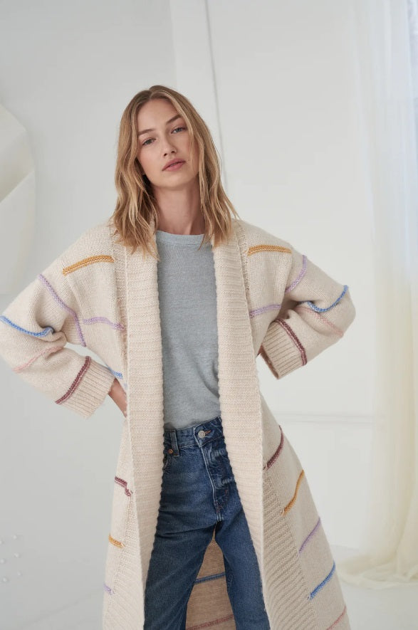 Model Wearing the Cream Stripe Palma Maxi Cardigan by Little Lies