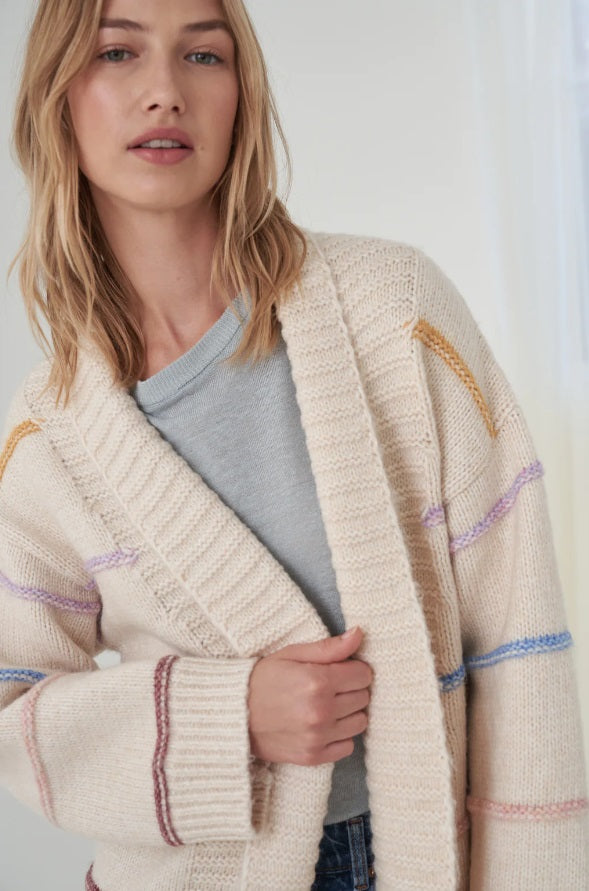Close up of model Wearing the Cream Stripe Palma Maxi Cardigan by Little Lies