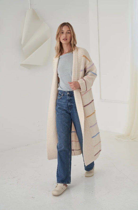 Model Wearing the Cream Stripe Palma Maxi Cardigan by Little Lies