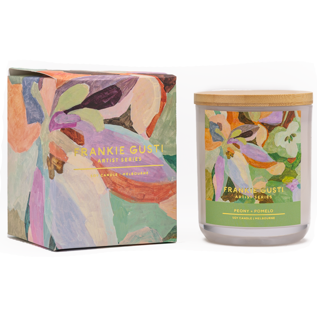 Box and candle side by side of the Frankie Gusti - Artist Series Candle - PEONY + POMELO