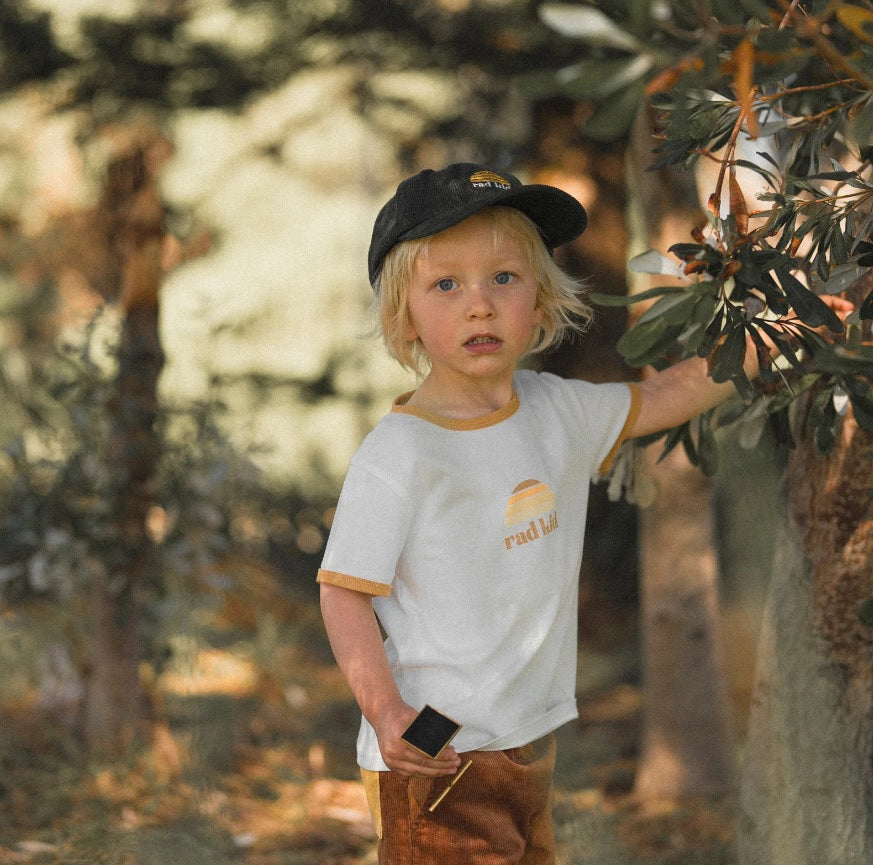 Kid wearing the Rad Kid Cord Baseball Cap - Khaki