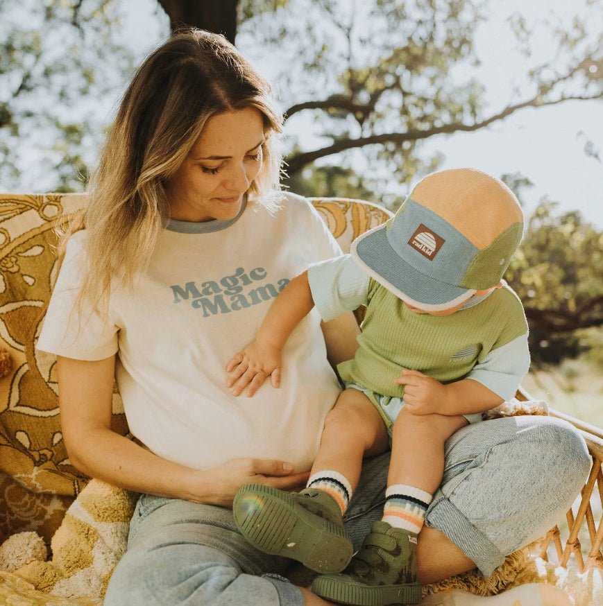 Mother and child wearing the Rad Kid Spliced Cord 5 Panel Cap - Brights