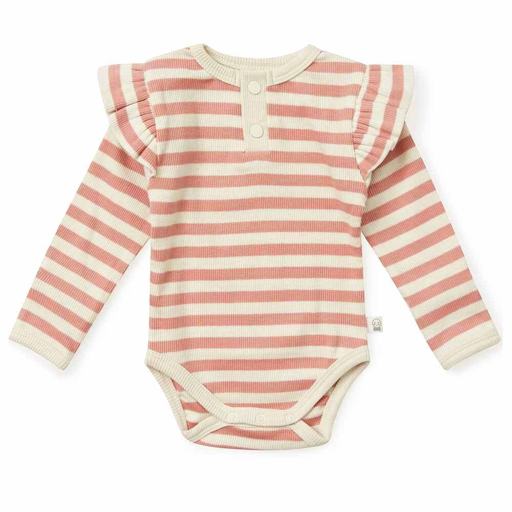 Flatlay of the Rose Stripe Long Sleeve Bodysuit front by Snuggle Hunny