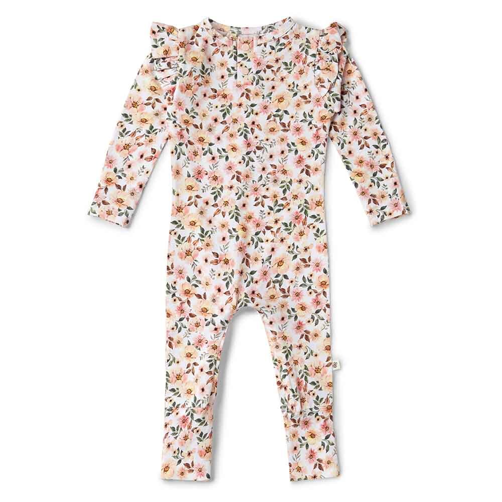 Front of the spring floral organic growsuit by Snuggle Hunny