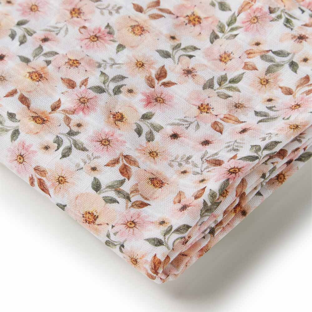 Close up of the Spring Floral Organic Muslin Wrap by Snuggle Hunny