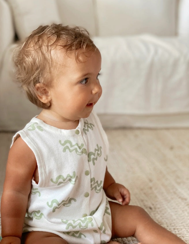 Toddler sitting wearing the Summer Bubble Romper Waves by Ziggy Lou