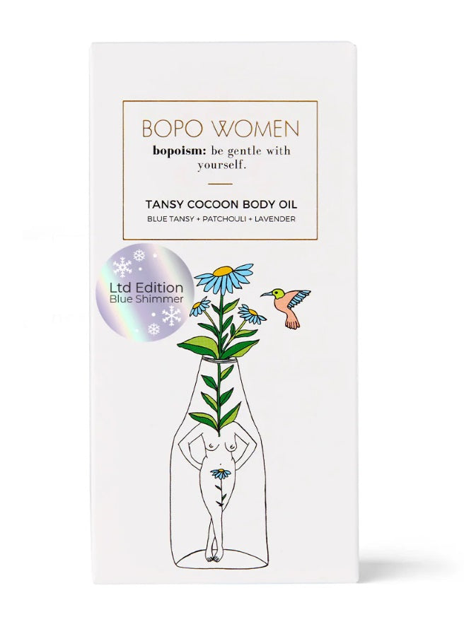 Front of the box of the Tansy Cocoon Body Oil Ltd Edition by Bopo Women