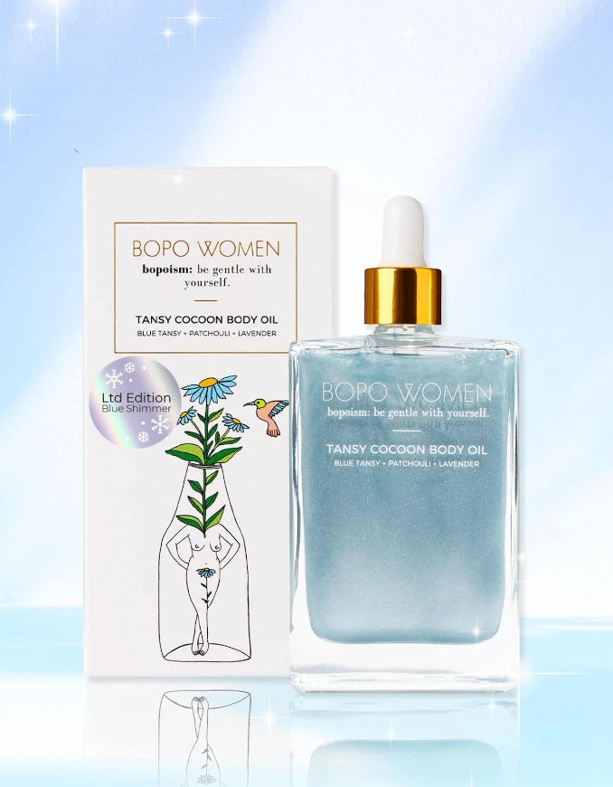 Bottle and packaging of the Tansy Cocoon Body Oil Ltd Edition by Bopo Women