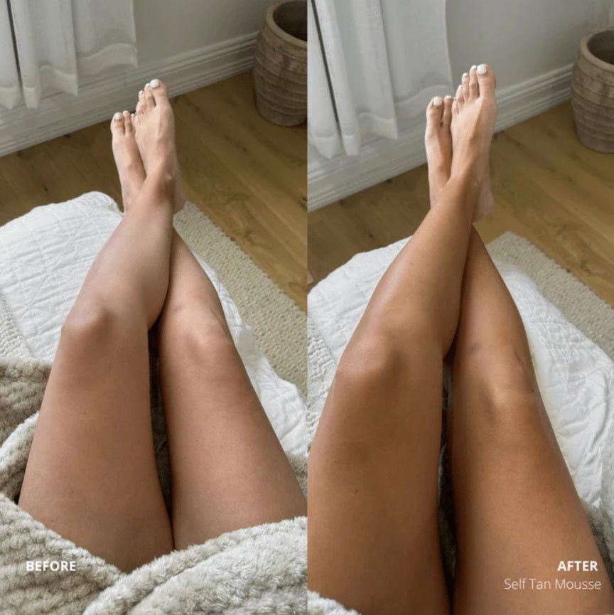 Before and after use of the self-tan mousse in the Body Bronze Kit by Three Warriors
