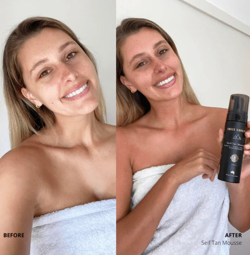 Before and after use of the Body Bronze Kit by Three Warriors