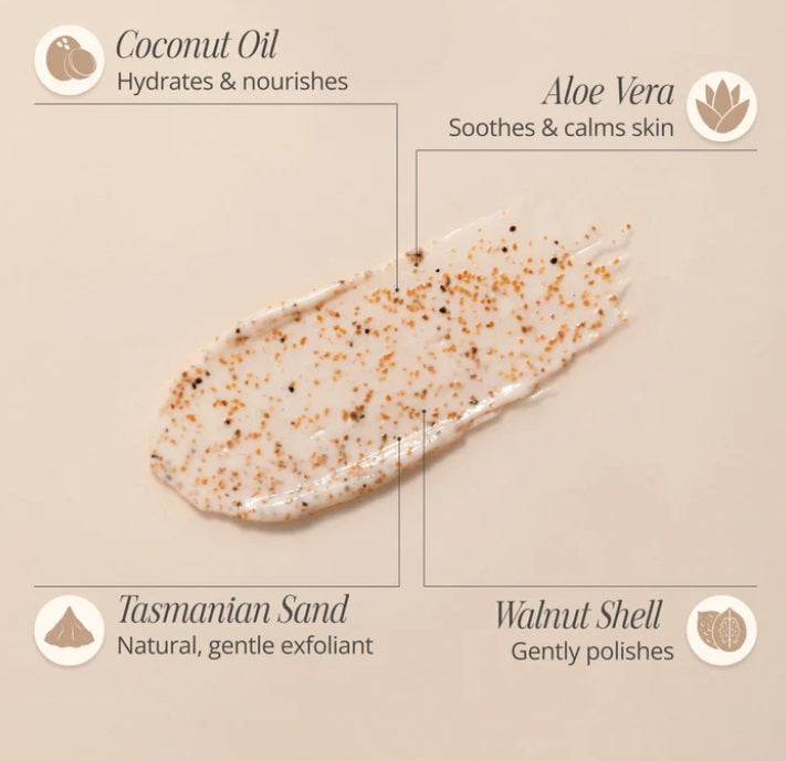 Ingredients of the Tasmanian sand scrub in the Body Glow Kit by Three Warriors