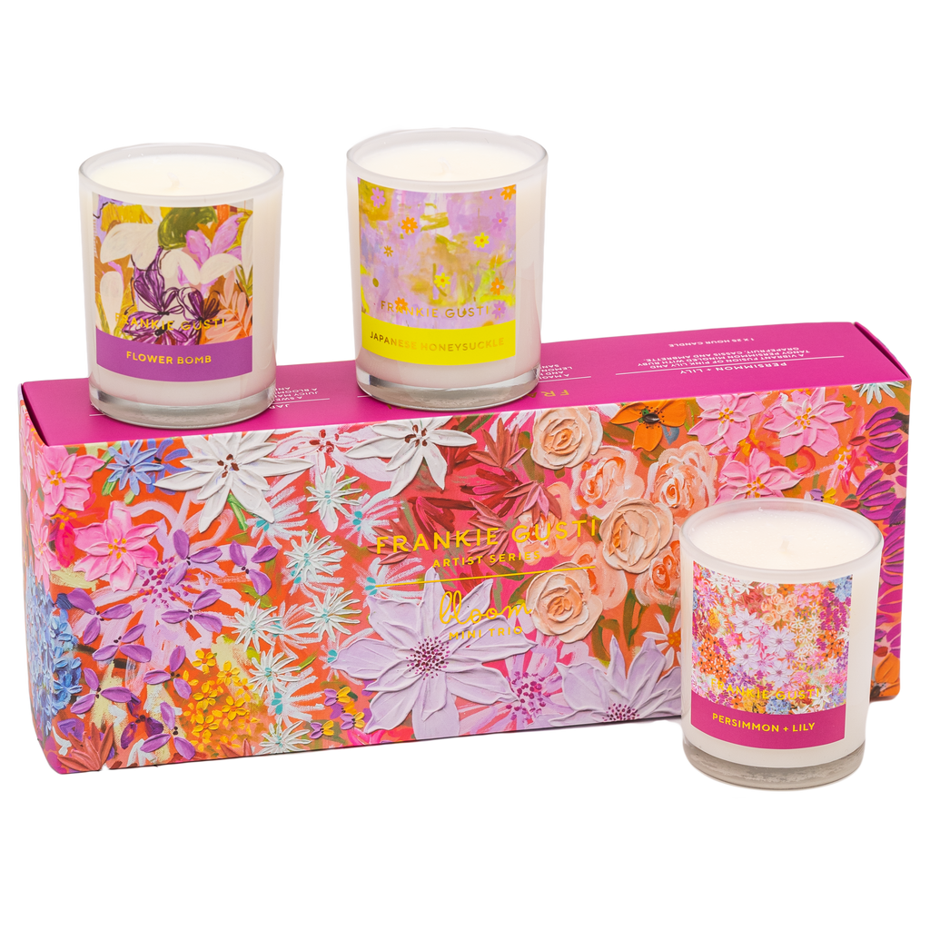 The Frankie Gusti - Artist Series MINI Candle -BLOOM TRIO out of box side by side