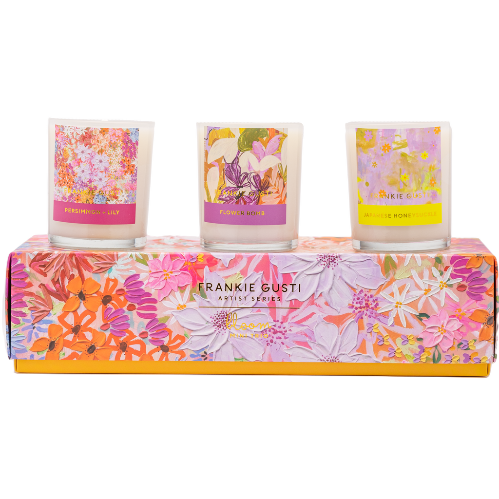 The Frankie Gusti - Artist Series MINI Candle -BLOOM TRIO out of box side by side